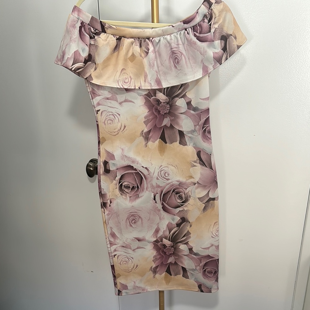 Multicolored Ruffled Off-the-Shoulder Knee-Length Dress